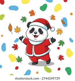 This image depicts a cheerful panda wearing a red Santa Claus costume with a hat, standing against a bright, colorful background filled with vibrant confetti and festive leaves