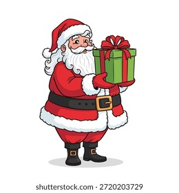 Esta Imagen representa a un alegre Papá Noel vestido con su tradicional traje rojo con ribetes de piel blanca. Sostiene una Grande caja de regalo envuelta adornada con una cinta verde. Santa tiene una barba blanca y está sonriendo cálidamente, encarnando el espíritu festivo de la temporada navideña.