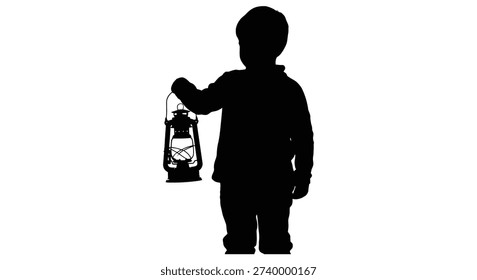 This image depicts a child with a lantern, rendered in a bold, dramatic silhouette style, offering a strong visual impact.