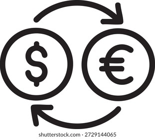 Esta imagem mostra um processo de troca circular envolvendo duas moedas diferentes: o dólar dos EUA e o euro. O símbolo do dólar e o símbolo do euro são colocados dentro de dois círculos interligados, com setas indicando um ciclo contínuo de troca entre as duas moedas. Isso simboliza o processo de câmbio ou conversão de moeda.