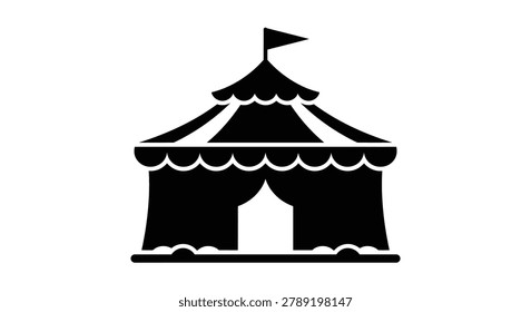 This image depicts a circus tent with a flag, rendered as a black silhouette against a white background. The distinctive feature is the silhouette style,
