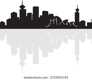 Esta Imagen representa un horizonte de la ciudad con su reflejo en un cuerpo de agua. El horizonte presenta varios edificios prominentes, incluidas estructuras reconocibles como la Ópera de Sídney y una torre con una aguja. El reflejo en el agua crea una Imagen de espejo del horizonte, realzando la simetría visual y la belleza de la escena.