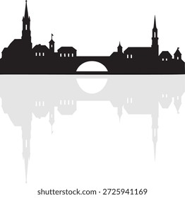 This image depicts a cityscape featuring a row of buildings with distinct architectural styles, including spires and towers. The buildings are reflected in a body of water below, creating a symmetrical and serene scene. The silhouette of the buildings stands out against a light background, emphasizing their shapes and details.