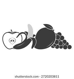 Esta imagem retrata uma cornucópia clássica transbordando com uma variedade de frutas. A cornucópia, um símbolo de abundância e prosperidade, é mostrada derramando vários frutos, incluindo maçãs e uvas. A ilustração é em um estilo monocromático, enfatizando as formas e texturas dos frutos.