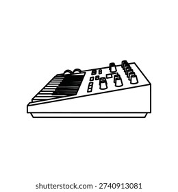 This image depicts a classic, monochromatic keyboard synthesizer featuring a series of black and white keys on the left side. The control panel above the keys includes multiple knobs, buttons, and sliders for adjusting sound parameters, effects, and other functionalities. The design suggests it is a retro electronic musical instrument, likely from the mid-to-late 20th century, characterized by its utilitarian and functional aesthetic.