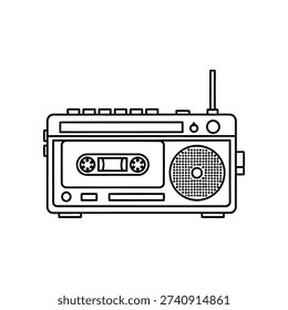 This image depicts a classic portable cassette radio featuring a cassette tape player, analog tuning dial, and speaker grille. The design includes a simple antenna on top, volume and tuning knobs, and a compact, rectangular shape typical of mid-20th-century portable radios. The front panel showcases a cassette slot, tuning dial, and various control buttons.