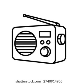 This image depicts a classic, retro-style portable radio receiver. It features an antenna on top, a speaker grille, and various control knobs and buttons, including a tuning dial and volume control. The design is simple and iconic, reminiscent of mid-20th-century technology.
