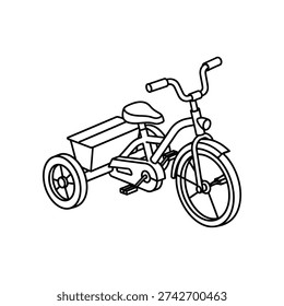 This image depicts a classic tricycle designed with a small cargo box attached at the front, likely intended for children's use. The tricycle features a simple frame, two rear wheels, and a single front wheel, along with a saddle seat and handlebars. The cargo box appears to be sturdy and could potentially be used for carrying small items, enhancing its utility beyond just transportation. The design is reminiscent of mid-20th-century toys, combining functionality with playful aesthetics.