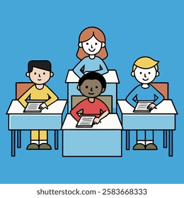 This image depicts a classroom scene where three students are sitting at desks, writing on papers, while a teacher stands behind them. The illustration is in a cartoon style, with students wearing 