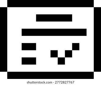 This image depicts a clean and structured pixel art illustration of a certificate featuring a checkmark symbol, rendered in a monochrome black-and-white style. The composition centers on a rectangular document bordered by thick, solid pixel lines, creating a clear frame that emphasizes the formal nature of the object. Inside the certificate, horizontal pixel bars represent text lines or headings, while a small cluster of square pixels forms a distinct checkmark, symbolizing validation, approval, or completion.

The visual style follows a retro 8-bit aesthetic, characterized by sharp edges, grid-based alignment, and high contrast between the black foreground and light background. The absence of gradients and decorative complexity ensures maximum clarity and immediate recognition, even at small display sizes. The geometric simplicity and balanced layout contribute to a professional and functional appearance, suitable for digital systems and iconography.

This icon is highly adaptable for a range of commercial applications, including user interface design, certification platforms, e-learning systems, achievement badges, compliance dashboards, and administrative tools. It effectively communicates concepts such as accreditation, verification, quality assurance, and successful completion of tasks or requirements. The ample negative space surrounding the subject enhances versatility for integration into website banners, mobile apps, presentations, and marketing materials.

Overall, the image conveys trust, legitimacy, and accomplishment through a minimal and timeless pixel-art approach, making it a practical visual asset for both modern digital environments and retro-themed design systems.