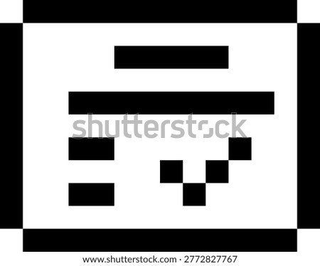 This image depicts a clean and structured pixel art illustration of a certificate featuring a checkmark symbol, rendered in a monochrome black-and-white style. The composition centers on a rectangular document bordered by thick, solid pixel lines, creating a clear frame that emphasizes the formal nature of the object. Inside the certificate, horizontal pixel bars represent text lines or headings, while a small cluster of square pixels forms a distinct checkmark, symbolizing validation, approval, or completion.

The visual style follows a retro 8-bit aesthetic, characterized by sharp edges, grid-based alignment, and high contrast between the black foreground and light background. The absence of gradients and decorative complexity ensures maximum clarity and immediate recognition, even at small display sizes. The geometric simplicity and balanced layout contribute to a professional and functional appearance, suitable for digital systems and iconography.

This icon is highly adaptable for a range of commercial applications, including user interface design, certification platforms, e-learning systems, achievement badges, compliance dashboards, and administrative tools. It effectively communicates concepts such as accreditation, verification, quality assurance, and successful completion of tasks or requirements. The ample negative space surrounding the subject enhances versatility for integration into website banners, mobile apps, presentations, and marketing materials.

Overall, the image conveys trust, legitimacy, and accomplishment through a minimal and timeless pixel-art approach, making it a practical visual asset for both modern digital environments and retro-themed design systems.