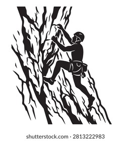 This image depicts a climber ascending a rock face, rendered as a black and white silhouette. The artwork features a distinctive silhouette style, emphasizing the form of the climber and the jagged rock texture. It is set against a white