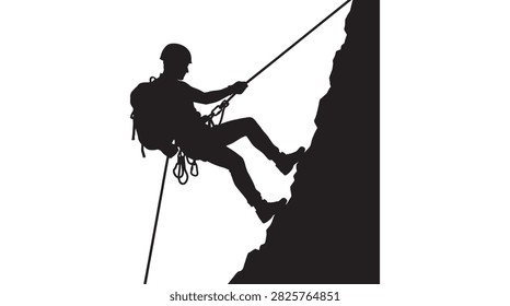This image depicts a climber rappelling down a cliff face, presented as a black silhouette against a white background. The