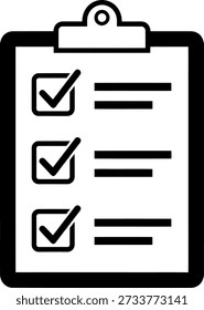 This image depicts a clipboard with a checklist. The checklist contains three items, each marked with a checkmark indicating completion. The clipboard is held by a clip at the top, and each checklist item has a small square box next to it, which is also checked. The overall design is simple and monochromatic, emphasizing the completion of tasks.