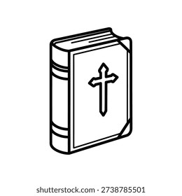 This image depicts a closed book with a cross symbol embossed on its cover, representing religious, biblical, or spiritual themes. The book has a classic, bound appearance with three distinct sections and a ribbon bookmark. The design is minimalistic and monochromatic, suitable for use in contexts related to Christianity, faith, or literature.