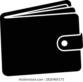 This image depicts a closed wallet with a snap fastener presented as a solid black silhouette. The flat two-tone style and distinct silhouette are notable features