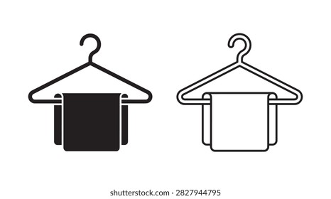 This image depicts a clothes hanger with a folded towel, presented as a black and white silhouette. The design features