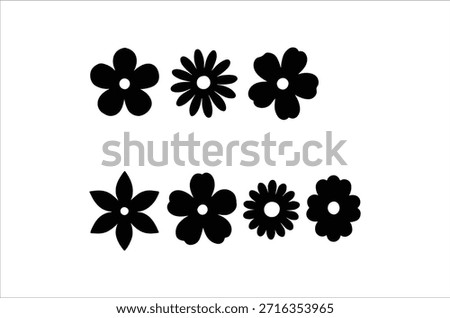 This image depicts a collection of black flower silhouettes arranged on a clean, white background, creating a bold contrast.