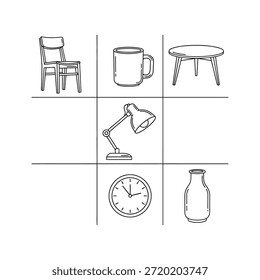 Esta Imagen representa una colección de elementos esenciales para la configuración de una oficina en el hogar. Incluye una silla, una taza de café, una mesa auxiliar, una lámpara de escritorio, un reloj y una botella de leche. Cada elemento está ordenado cuidadosamente, lo que sugiere un espacio de trabajo bien organizado.