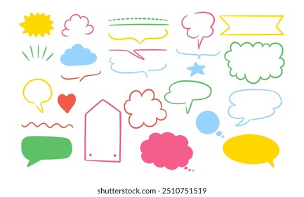 Esta Imagen representa una colección de burbujas de discurso dibujadas a mano, Formas de nube y otros Elementos gráficos en varios colores.