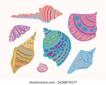 This image depicts a collection of hand-drawn seashells, each with intricate details and vibrant colors. It is suitable for creating patterns, postcards, and invitations.