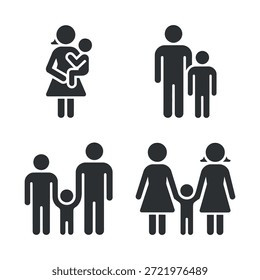Dieses Bild zeigt eine Sammlung von einfachen schwarzen Silhouettensymbolen, die verschiedene Familienstrukturen und Beziehungen einschließlich Mütter, Väter und Kinder darstellen