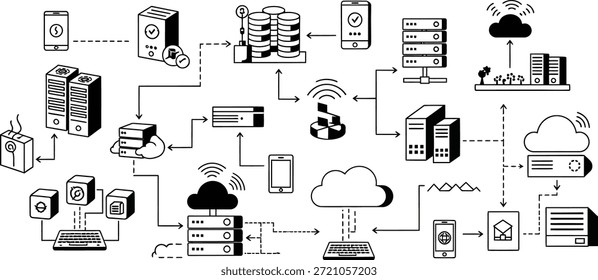This image depicts a complex network diagram illustrating cloud computing, data centers, servers, and network connectivity, highlighting the flow of data across various digital infrastructure