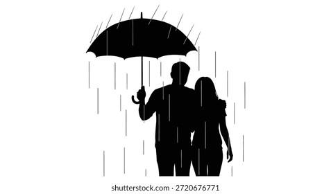 Esta Imagen representa a una pareja bajo un paraguas, presentada como una llamativa silueta negra.