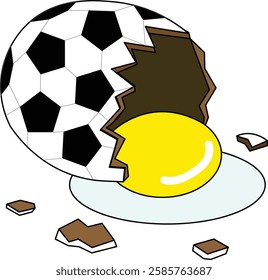 This image depicts a cracked soccer ball, out of which a bright yellow egg is emerging. The egg is whole and intact, contrasting with the broken shell of the soccer ball. 