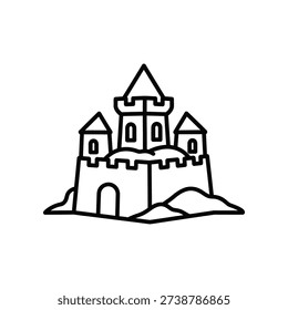 This image depicts a creative sandcastle shaped like a castle, complete with multiple turrets, arched windows, and battlements along the top edges. The structure sits on a sandy base with a small entrance, evoking a sense of fantasy and playfulness reminiscent of a fairy-tale setting or a child’s imaginative build.