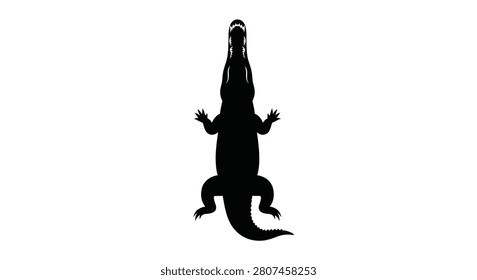 This image depicts a crocodile in a black silhouette against a white background, characterized by its distinct outline and flat