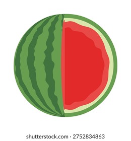 This image depicts a cross-sectional view of a watermelon, revealing its vibrant red inner flesh and green outer rind. The watermelon is cut in half, showcasing the contrast between the green exterior and the juicy red interior, with a thin layer of white pith separating the two. The texture of the rind appears striped, which is characteristic of many watermelon varieties.