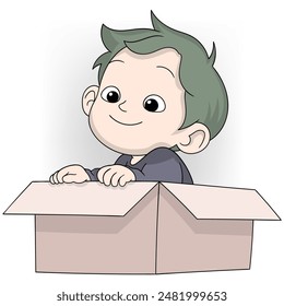 This image depicts a cute cartoon child with green hair happily playing inside a cardboard box