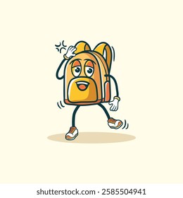 This image depicts a cute cartoon backpack character with arms and legs, scratching its head, appearing confused or unsure.