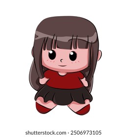 This image depicts a cute, The character has long brown hair with bangs and is dressed in a red top, a black skirt, an