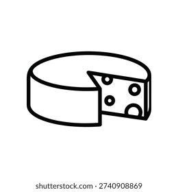 This image depicts a cylindrical wheel of cheese with a slice removed, revealing the inner texture. The cheese has characteristic holes, indicating it is likely a type of Swiss cheese or a similar variety. The design is simple and stylized, focusing on the essential features of the cheese.