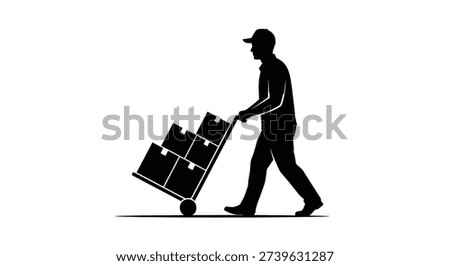 This image depicts a delivery worker with a hand truck, notable for its bold silhouette style.
