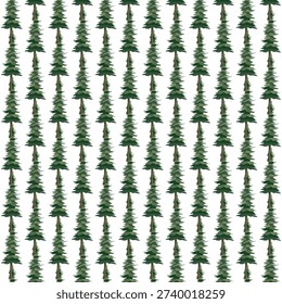This image depicts a dense forest with rows of tall, dark green pine trees. The trees are evenly spaced, creating a sense of uniformity and order. The background is a light, cloudy sky, providing a stark contrast to the deep green of the pine trees. The image gives an impression of a vast, serene forest landscape.