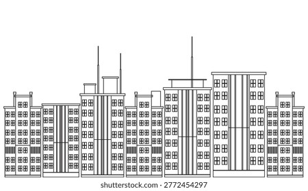 This image depicts a detailed black and white line drawing of a row of modern city buildings. The buildings vary in height and feature numerous windows, rooftop structures, and antennae. The illustration showcases a cityscape with a focus on architectural details and urban planning. The image presents a clean and minimalist aesthetic, emphasizing the lines and shapes that make up the buildings. The simplicity of the drawing allows the viewer to focus on the overall design and layout of the city block.