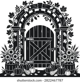 This image depicts a detailed black and white silhouette of a garden archway adorned with pumpkins, sunflowers, and autumn leaves.