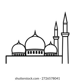 This image depicts a detailed line drawing of a mosque featuring multiple domes and minarets. The mosque is shown with a flat base and intricate architectural details, including arched windows and decorative elements on the minarets. The illustration captures the essence of Islamic architecture with its symmetrical and elegant design.