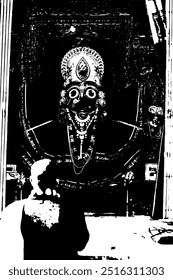 This image depicts a devotee offering prayers to a deity in a temple. The deity in the image appears to be Lord Jagannath, an incarnation of Lord Krishna, widely worshipped in the eastern parts India.