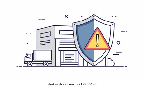 Esta Imagen muestra un tema de seguridad digital con un escudo y una señal de advertencia que enfatizan la protección de la ciberseguridad y los sistemas de alerta para salvaguardar los datos y la infraestructura de las ciberamenazas y ataques