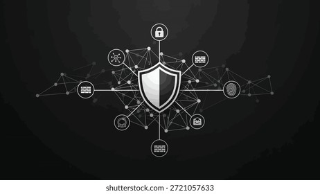 Esta Imagen representa un escudo de seguridad digital en el centro, conectado a varios íconos que representan Elementos de ciberseguridad como cifrado, cortafuegos y detección de amenazas. Simboliza
