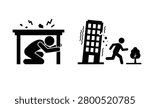 This image depicts a disaster scene with people sheltering and running, rendered as a black silhouette against a white background.