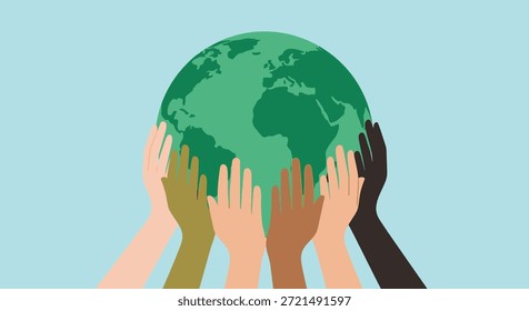 This image depicts diverse hands holding the Earth, symbolizing global unity, environmental conservation, and the shared responsibility for a sustainable future. It represents the importance of