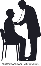This image depicts a doctor examining a seated patient with a stethoscope rendered as a black silhouette. The illustration features a flat graphic style and a distinctive silhouette appearance.