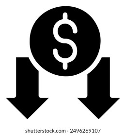 This image depicts a dollar sign within a circle, with two arrows pointing downwards. This symbolizes a decrease or decline in revenue or income.