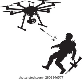 This image depicts a drone and a falling soldier as a black silhouette against a white background. The silhouette style