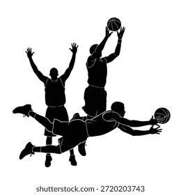 Esta imagem retrata uma cena dinâmica de jogadores de basquete em ação. Quatro jogadores de basquete são capturados no ar, cada um em um estágio diferente do jogo. Um jogador está pulando para atirar na bola, outro está se aproximando para bloquear o tiro, enquanto os outros dois estão tentando interceptar ou apoiar seu companheiro de equipe. Os números silhuetados destacam a intensidade e o atletismo envolvidos no esporte.